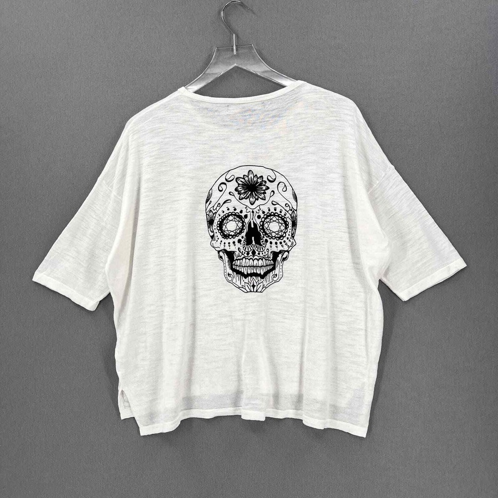 Skull Cashmere Top Women XS White Sugar Skull Graphic Short Sleeve Cotton Slub